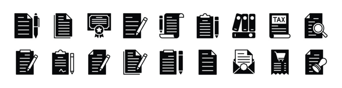 Paper icon vector set. Contains document, form, certificate, tax, writing notepaper, receipt, contract, message, note, archive, sheet, email, bill, file, check, list, invoice - illustration