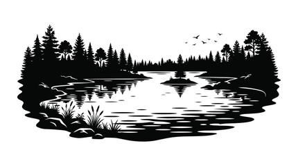 Forest lake scene black and white silhouette on transparent background © SahinurCreation
