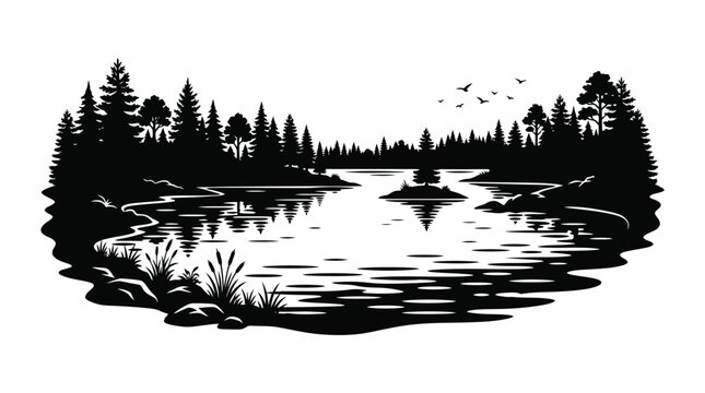 Forest lake scene black and white silhouette on transparent background