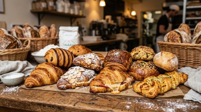 A bakery displays a variety of freshly baked breads and pastries on a wooden table. Several baskets filled with assorted loaves and rolls are arranged alongside a white bag of flour.