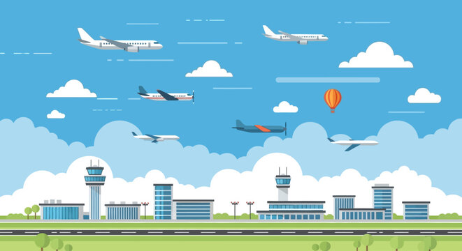 Airplanes fly over airport on National Aviation Day with planes taking off