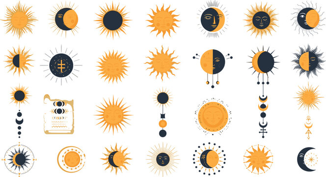 Celestial Sun and Moon Symbol Vector Collection with Lunar Phases, Solar Cycles and Mystical Astronomy Elements for Spiritual, Astrology and Decorative Design