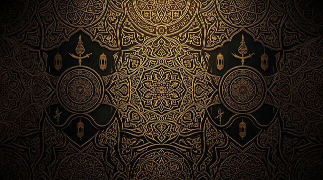 Luxury golden islamic pattern background with traditional lanterns and zulfiqar sword motifs, intricate geometric arabesque design, elegant dark and gold wallpaper
