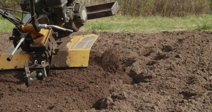 Male farmer using a garden tiller to prepare the soil for planting in a backyard plot during spring, with rotating blades digging into the earth and churning the topsoil for cultivation