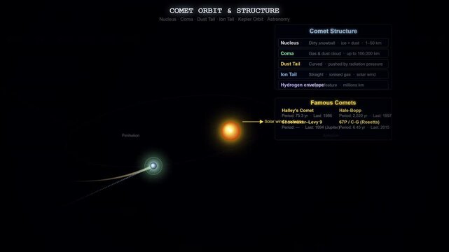 Comet Orbit Trajectory Animation Showing Elliptical Path Around Sun With Tail Formation and Coma