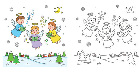 Obraz premium Cute Christmas angel choir singing carols in winter landscape. Colored illustration and black and white coloring page for kids.
