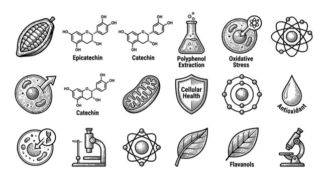 Cocoa Polyphenol Icon Set for Biotech Nutrition and Cellular Wellness Illustration