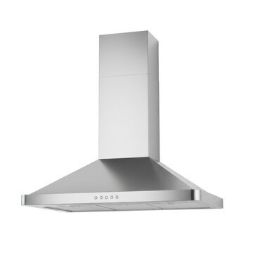 Brushed stainless steel T-shape range hood, five circular controls, sleek chimney, crisp edges, isolated on a transparent studio background, minimalist luxury kitchen design concept