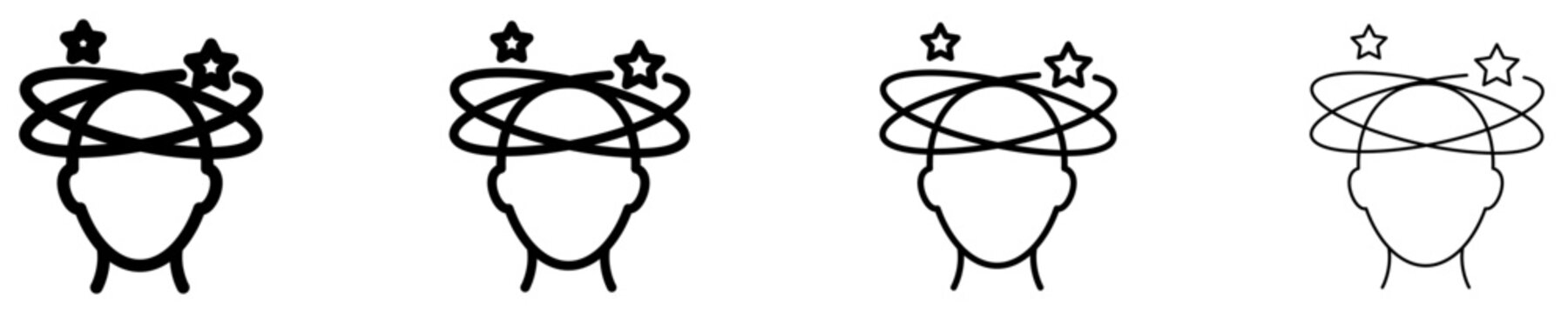 Line icons of a human head with spinning stars around it, symbolizing dizziness, disorientation, or concussion. Black icons of different stroke weights. Vector illustration.