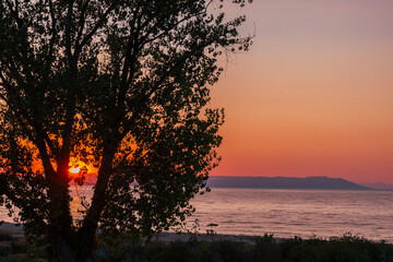 Tree silhouette by lake at sunset. Silhouette of a leafy tree by a calm sea at sunset, with orange sky, distant hills and peaceful evening light, ideal for nature, travel and relaxation themes © Maria