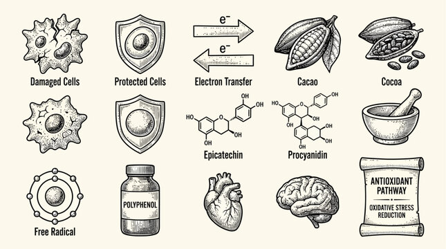 Dark Chocolate Polyphenol Icon Set Illustrating Cellular Oxidative Stress and Antioxidants