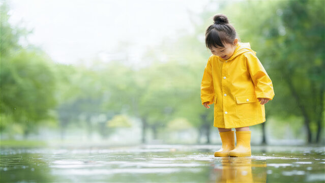 黄色いレインコートの子どもが水たまりに立つ雨の日の公園