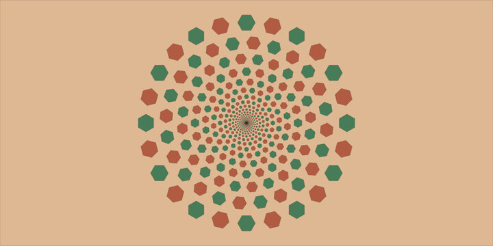 Abstract geometric spiral mandala pattern with blue and black circles. Vibrant gradient backdrop with repeating optical illusion dot vortex vector illustration