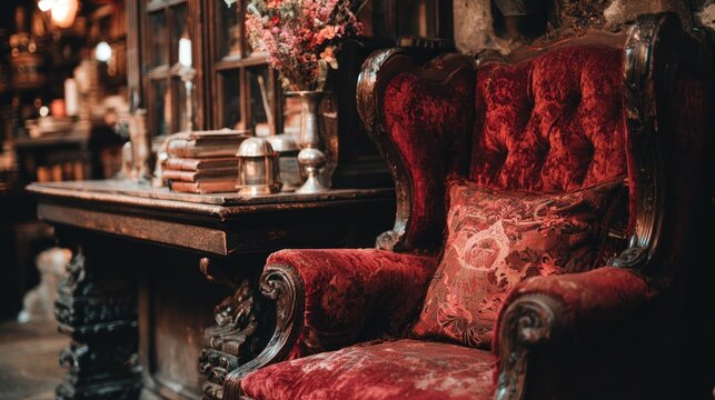 Deep red velvet armchair sits beside a dark wooden surface holding books and decorative objects