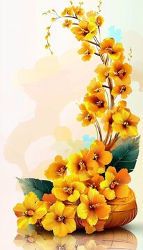 Artistic depiction of Vishu celebration with lovely watercolor konna flowers.