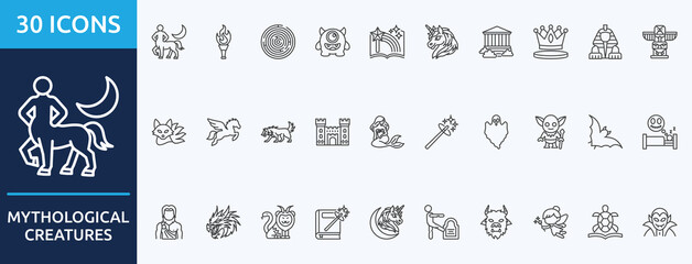 Naklejka premium mythological creatures- Icon Collection. Thin outline Set contains such Icons as torch, labyrinth, monster, fairy tale, unicorn and more. Simple web icons set 
