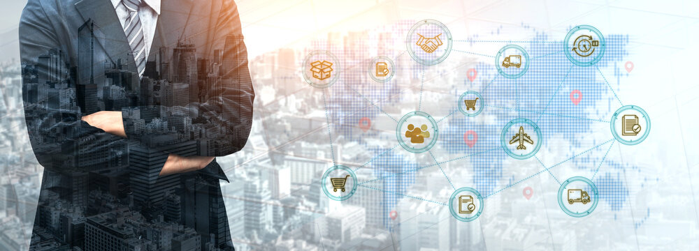 Businessman in Suit with Digital Logistics Icons Over Urban Skyline, Symbolizing Global Supply Chain and Trade Connections in Modern Economy. Entropy.