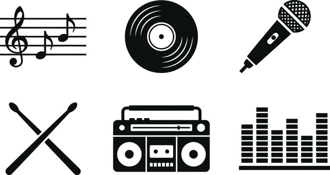 Music icons set with microphone, vinyl, boombox and drumsticks