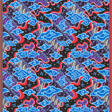 Contemporary Indonesian batik vector pattern combining traditional parang and megamendung clouds with modern airplane silhouettes in vibrant blue and red corporate colors.