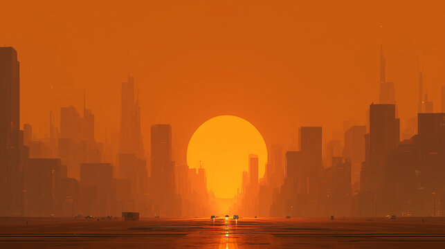 Futuristic City Skyline at Sunset with Giant Sun