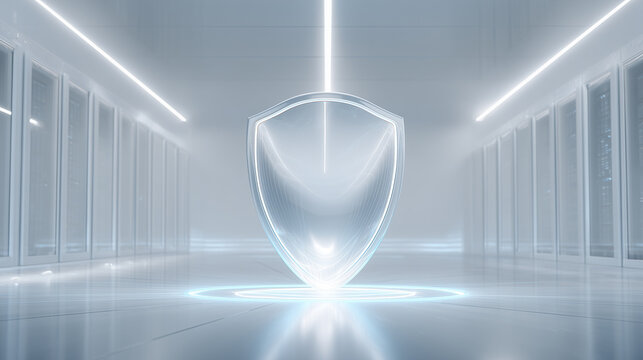 Transparent Glass Shield Icon in Modern Cyber Security Data Center