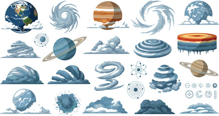 Cosmic Weather and Planetary Phenomena Vector Collection with Celestial Storms, Gas Giants, Space Clouds and Astronomical Elements for Science Education © AntarChandra