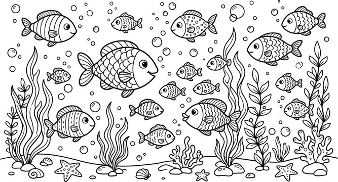 Black and white fish swimming in seaweed ocean