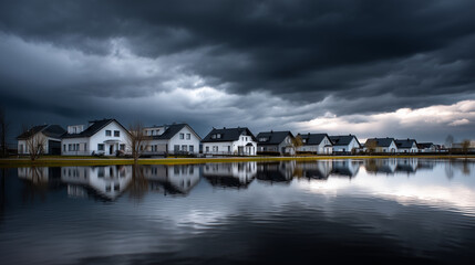 Fototapeta premium Flooded houses under a dramatic storm sky, realistic climate change disaster scene with quiet suburban street covered by water, moody documentary photography, clean commercial stoc