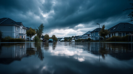 Obraz premium Dramatic flooded residential neighborhood after heavy rainstorm, suburban houses partially surrounded by rising water, dark storm clouds over quiet street, realistic climate disast