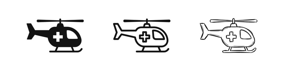 Medical helicopter icons set featuring solid, outline, and hand-drawn styles for emergency services. © drawing lines