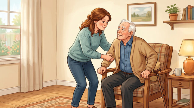 Young Woman Helping Elderly Father Stand Up from Chair Illustration