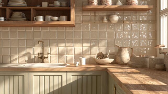 Sunlight streams across a rustic kitchen counter featuring wooden shelving and ceramic tile backsplash