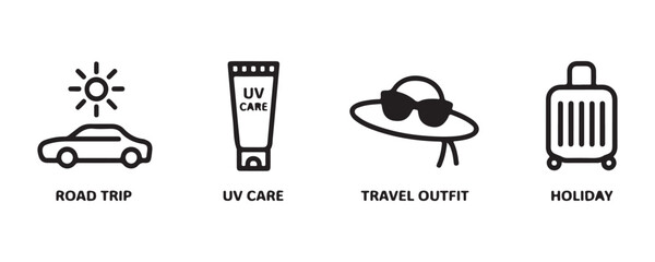 Road trip and vacation linear icons set for summer travel preparations and holiday planning theme. © StockDesign