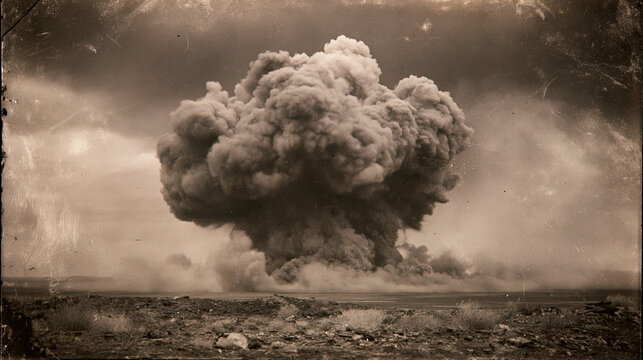 Vintage sepia toned photograph of a massive atomic explosion mushroom cloud in desert landscape