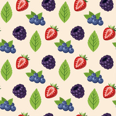 Mixed Berry Seamless Pattern with Strawberry Blackberry Blueberry and Mint Leaves © Ірина Агібалова
