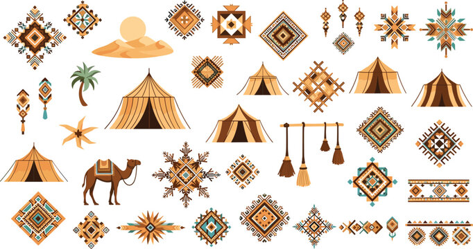 Desert Nomadic Tribal Ornament Vector Collection with Geometric Ethnic Patterns, Traditional Tents, Camel Symbols and Cultural Decorative Elements