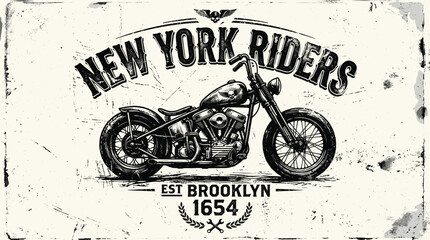 Vintage motorcycle vector illustration, New York Riders custom chopper emblem, distressed retro biker t-shirt design with grunge texture © Iconify Studio