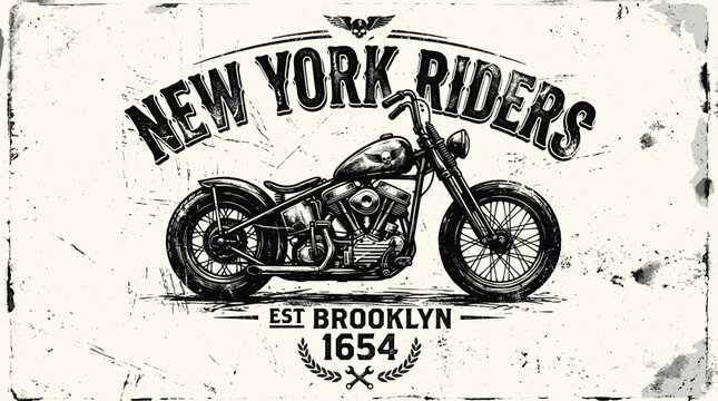 Vintage motorcycle vector illustration, New York Riders custom chopper emblem, distressed retro biker t-shirt design with grunge texture