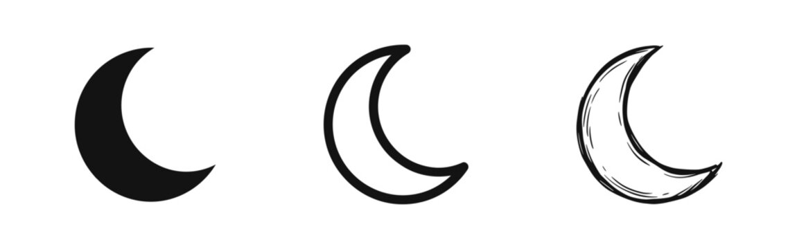 Crescent moon icon set in three graphic styles.