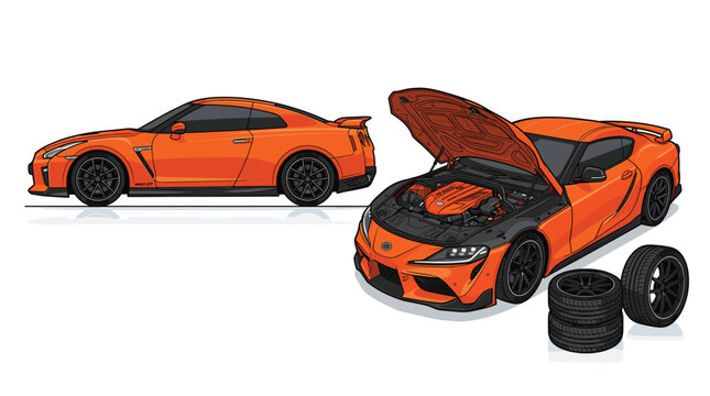 Orange sports car vector illustration, modern performance coupe with open hood and engine detail, automotive repair and tuning concept with spare tires