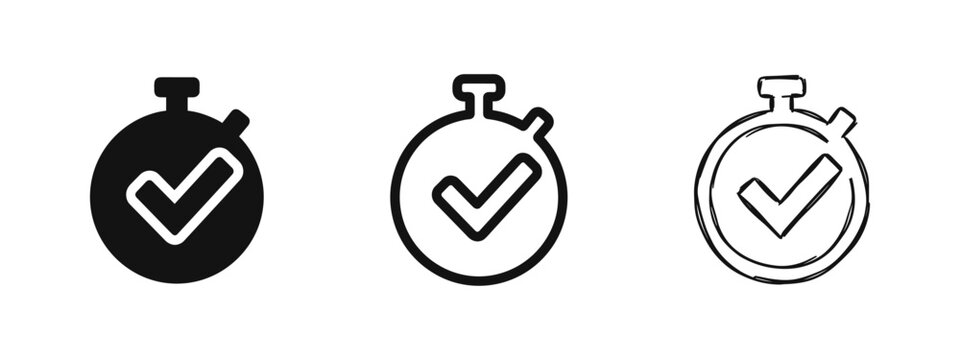 Set of three stopwatch icons with a checkmark, illustrating completed tasks, efficiency, or timely success in various styles.