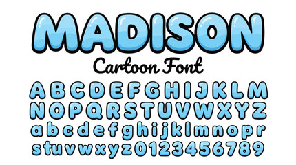 Madison Cartoon Font, light blue bubble alphabet vector set, playful rounded typography with numbers and letters for kids branding © Iconify Studio