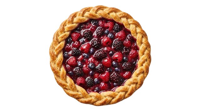 Delicious homemade mixed berry pie featuring a braided golden crust pattern presented on white background