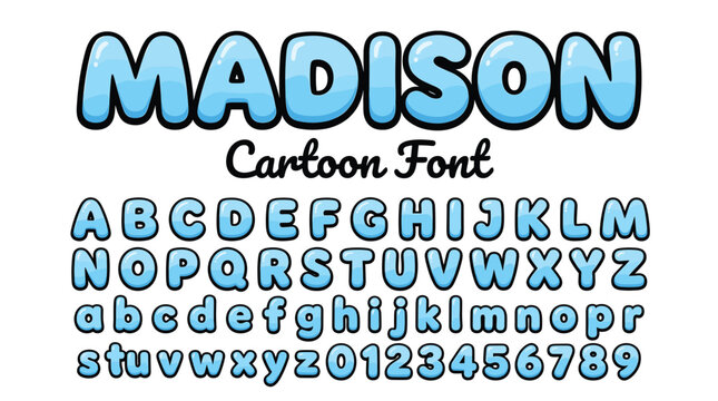 Madison Cartoon Font, light blue bubble alphabet vector set, playful rounded typography with numbers and letters for kids branding