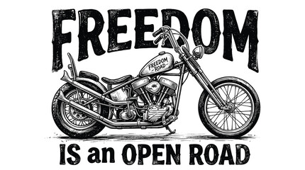 Vintage motorcycle vector illustration with Freedom Is An Open Road text, hand drawn chopper bike sketch, retro biker t-shirt design © Iconify Studio
