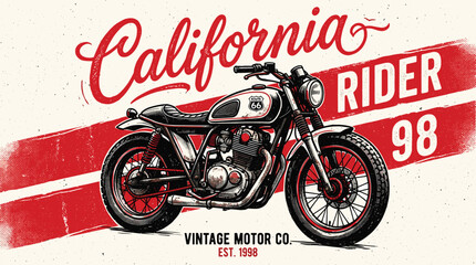 Vintage California Rider motorcycle illustration, retro cafe racer motor bike vector, classic red and white biker t-shirt graphic © Iconify Studio