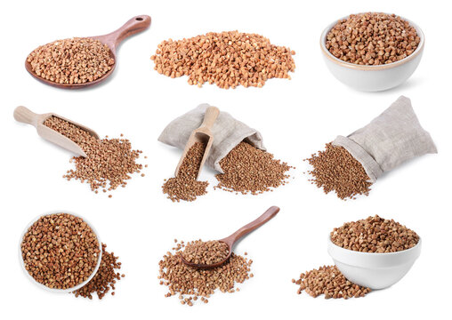 Set of buckwheat grains isolated on white