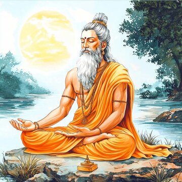 Watercolor illustration depicting sage Vyasa in meditation for Guru Purnima.