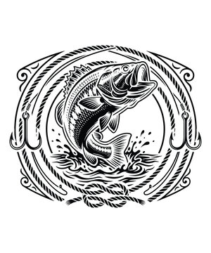 Leaping Bass Fishing Emblem: A dynamic black and white illustration features a bass leaping from the water, surrounded by ornate nautical ropework and fishing hooks.