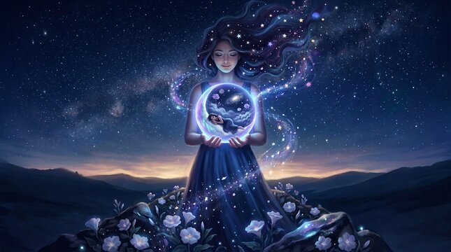 Psychology concept of inner child healing and self care with woman holding crystal sphere with sleeping baby